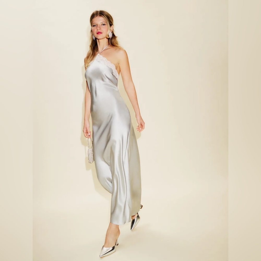 NWT Reformation Aara Silk Lace Halter Midi Maxi Slip Dress Moonlight Light Grey - Picture 7 of 16
